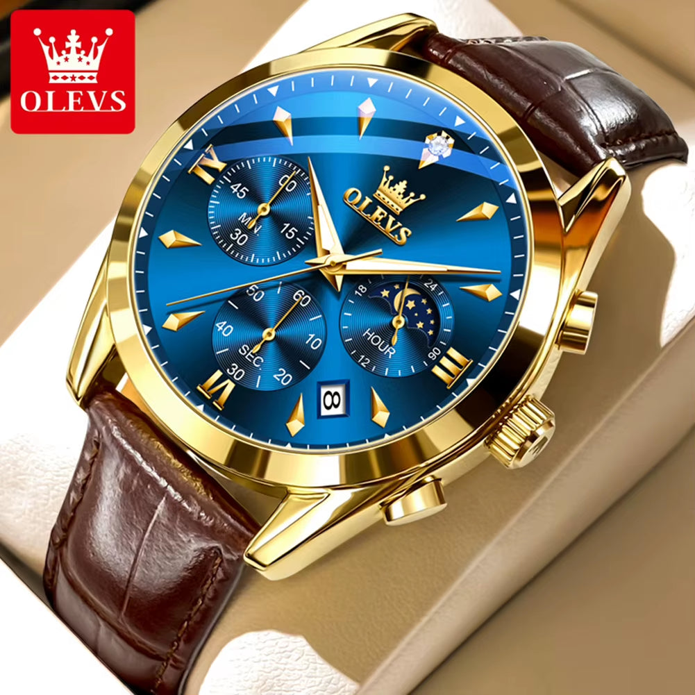 3609 Original Moon Phase Chronograph Man Watch Leather Strap Waterproof Luminous Luxury Brand Quartz Wrist Watches for Men