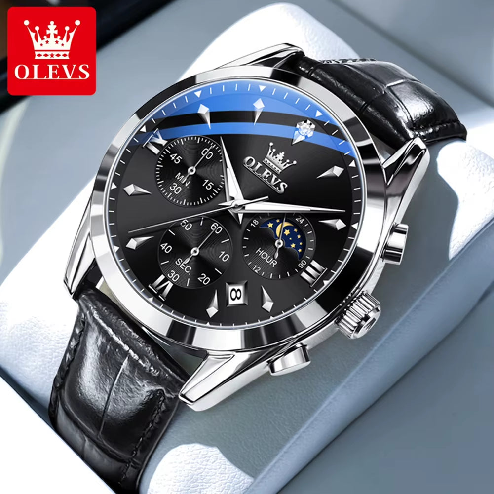 3609 Original Moon Phase Chronograph Man Watch Leather Strap Waterproof Luminous Luxury Brand Quartz Wrist Watches for Men