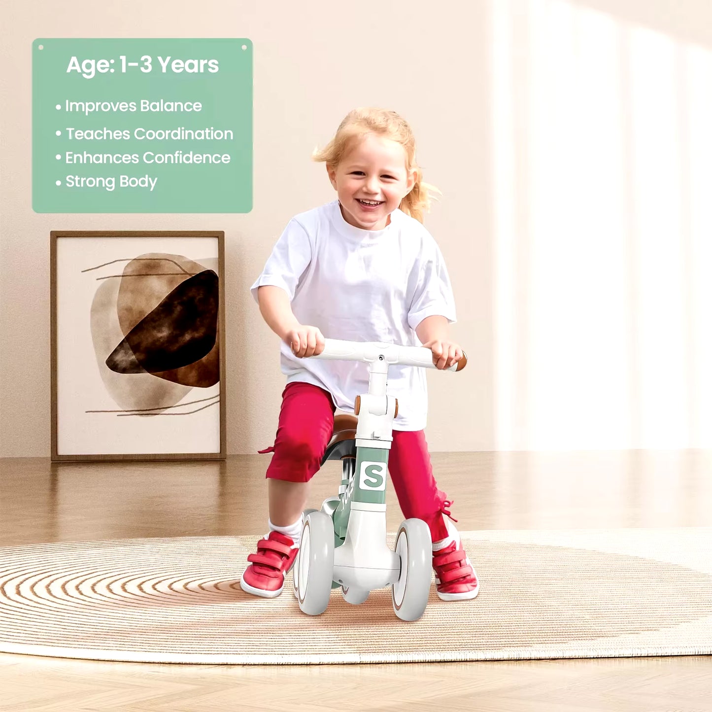 SEJOY Baby Balance Bike 4 Wheels Toddler Walker Bicycle Toys Birthday Gifts for Girl Boy 3 Colors 1-3 Years Old Kids