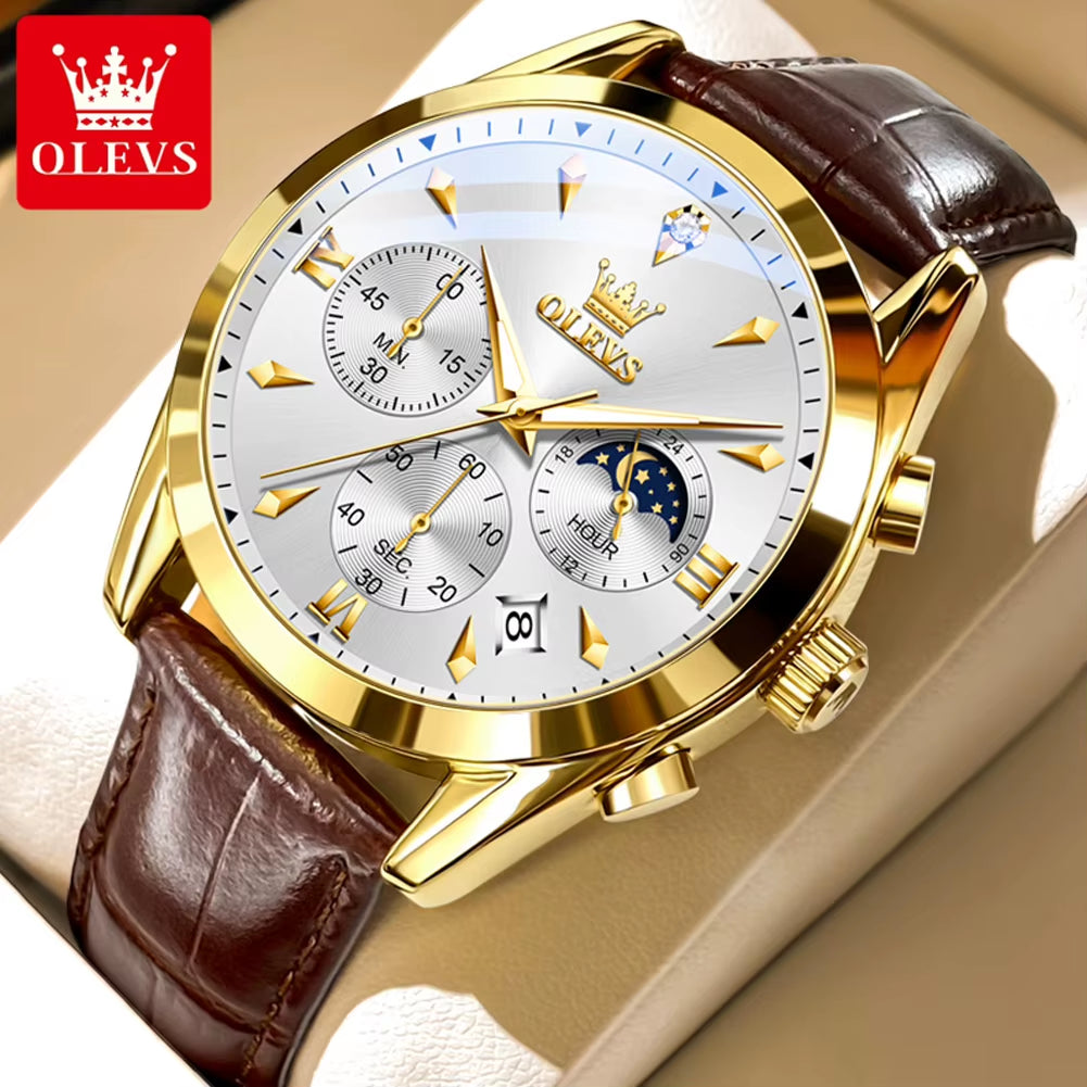 3609 Original Moon Phase Chronograph Man Watch Leather Strap Waterproof Luminous Luxury Brand Quartz Wrist Watches for Men