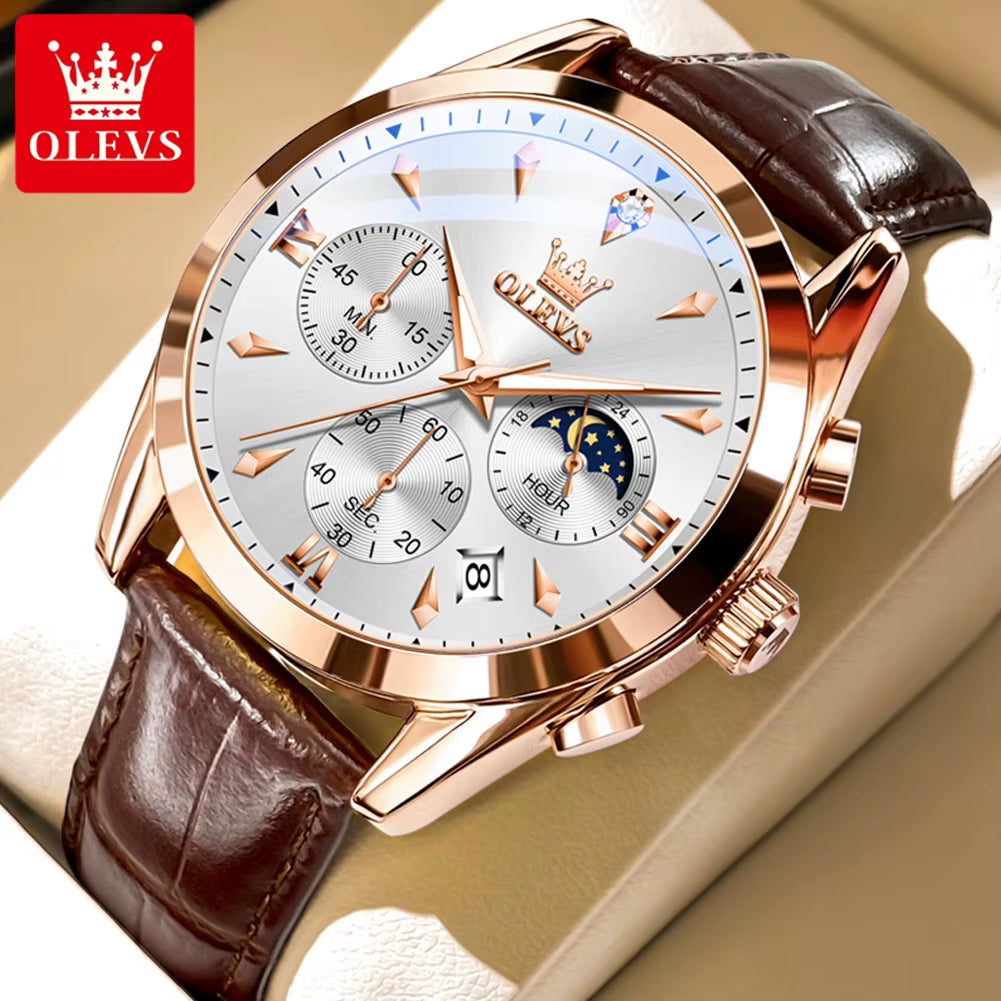 3609 Original Moon Phase Chronograph Man Watch Leather Strap Waterproof Luminous Luxury Brand Quartz Wrist Watches for Men