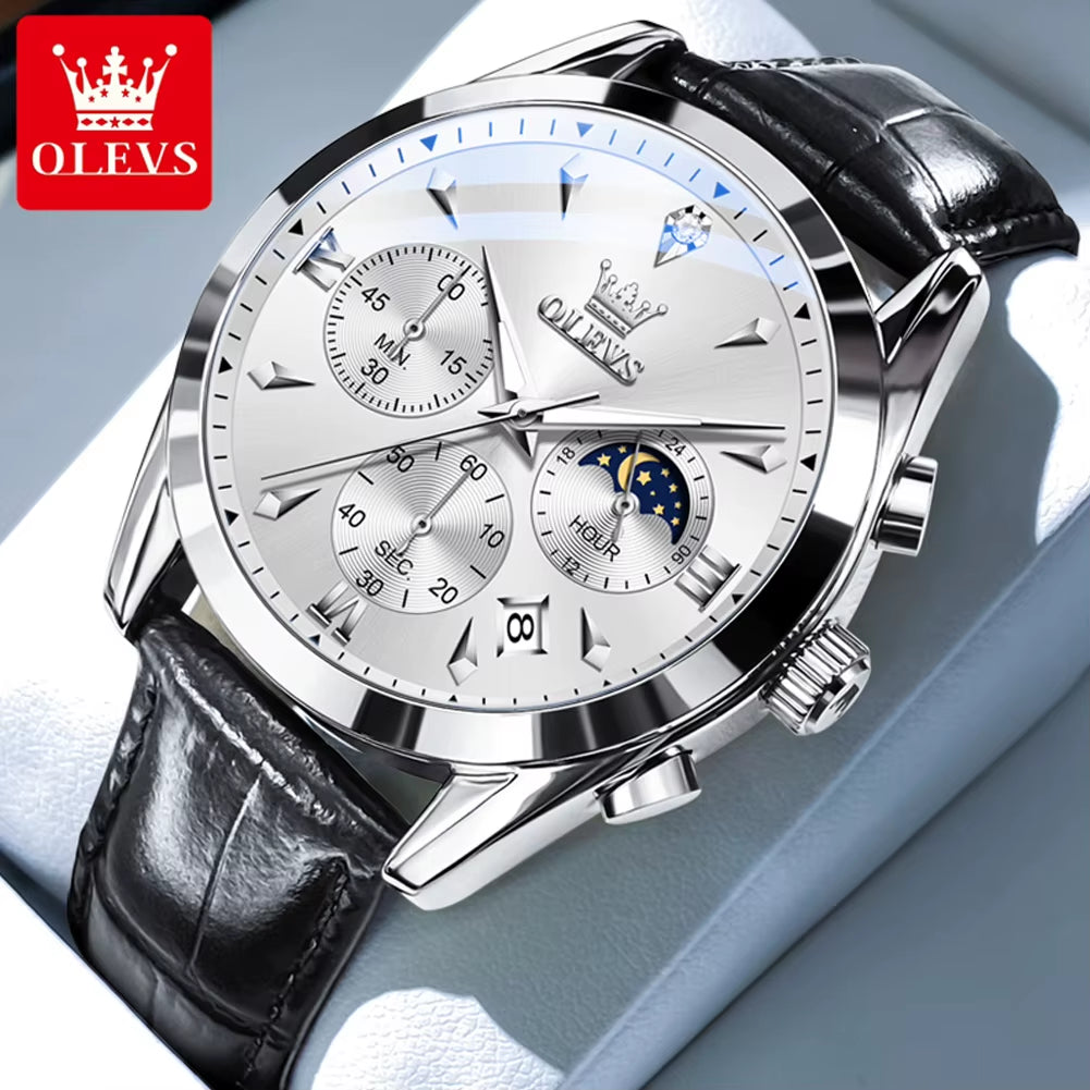 3609 Original Moon Phase Chronograph Man Watch Leather Strap Waterproof Luminous Luxury Brand Quartz Wrist Watches for Men