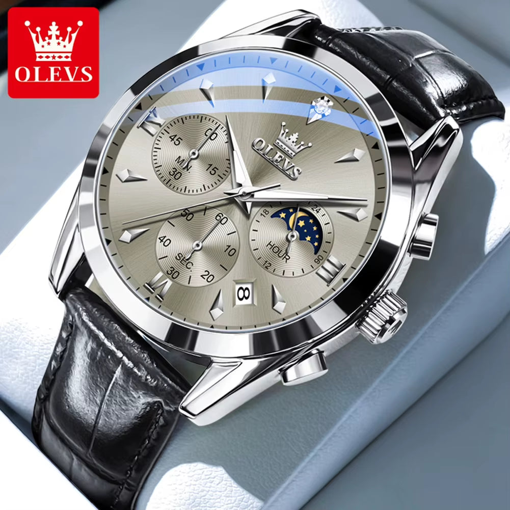 3609 Original Moon Phase Chronograph Man Watch Leather Strap Waterproof Luminous Luxury Brand Quartz Wrist Watches for Men