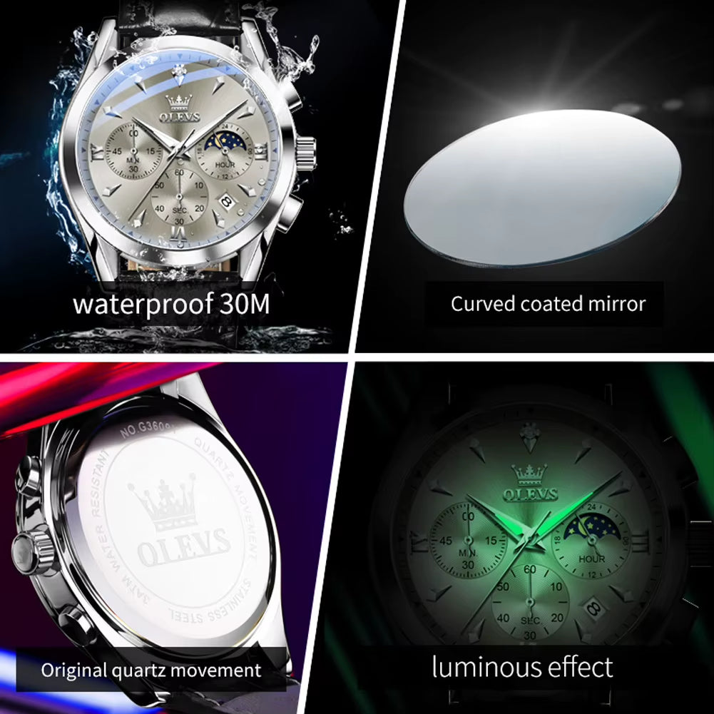 3609 Original Moon Phase Chronograph Man Watch Leather Strap Waterproof Luminous Luxury Brand Quartz Wrist Watches for Men