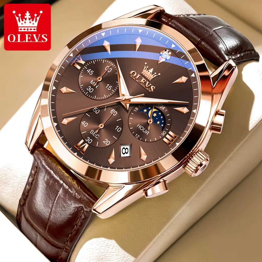 3609 Original Moon Phase Chronograph Man Watch Leather Strap Waterproof Luminous Luxury Brand Quartz Wrist Watches for Men
