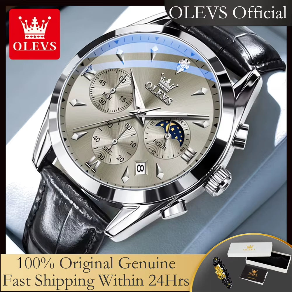 3609 Original Moon Phase Chronograph Man Watch Leather Strap Waterproof Luminous Luxury Brand Quartz Wrist Watches for Men