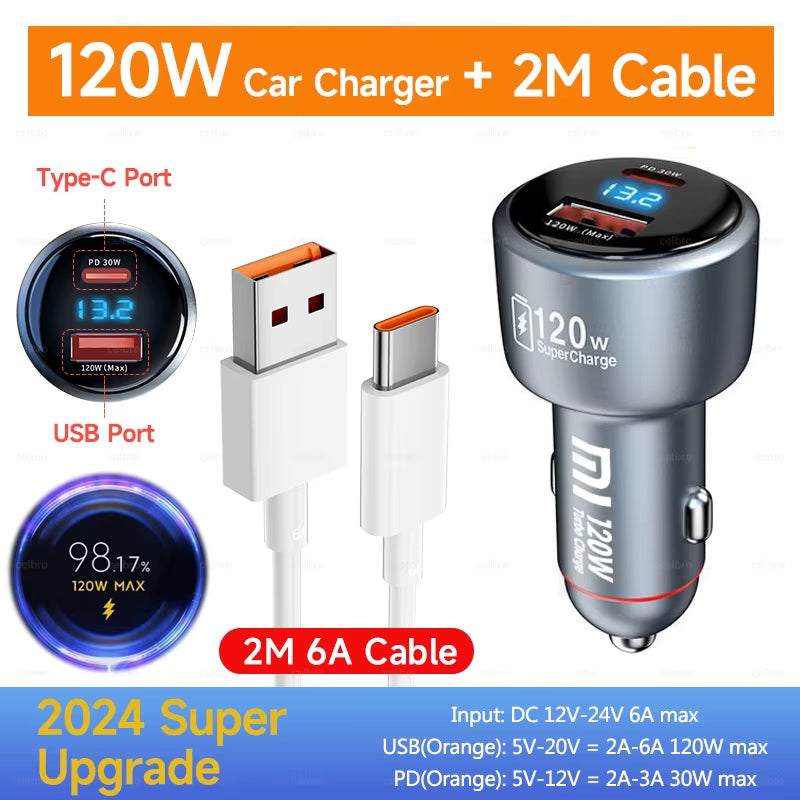 Mi Car Charger 120W 67W 6A Fast Charging Dual-Port USB a for 14 14 Ultra 13 13T 12 Pro Redmi Note A3 POCO Pad 6