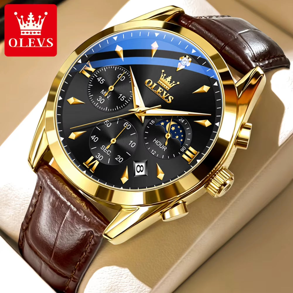 3609 Original Moon Phase Chronograph Man Watch Leather Strap Waterproof Luminous Luxury Brand Quartz Wrist Watches for Men