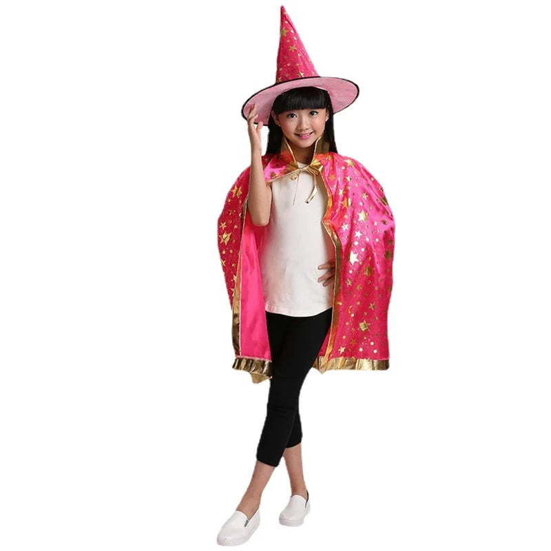 Halloween Costume Satin Cape with Hat for Kids Boys Wizard Girls Witch Cosplay Halloween Party Child Dress up Ghost Clothes 2021