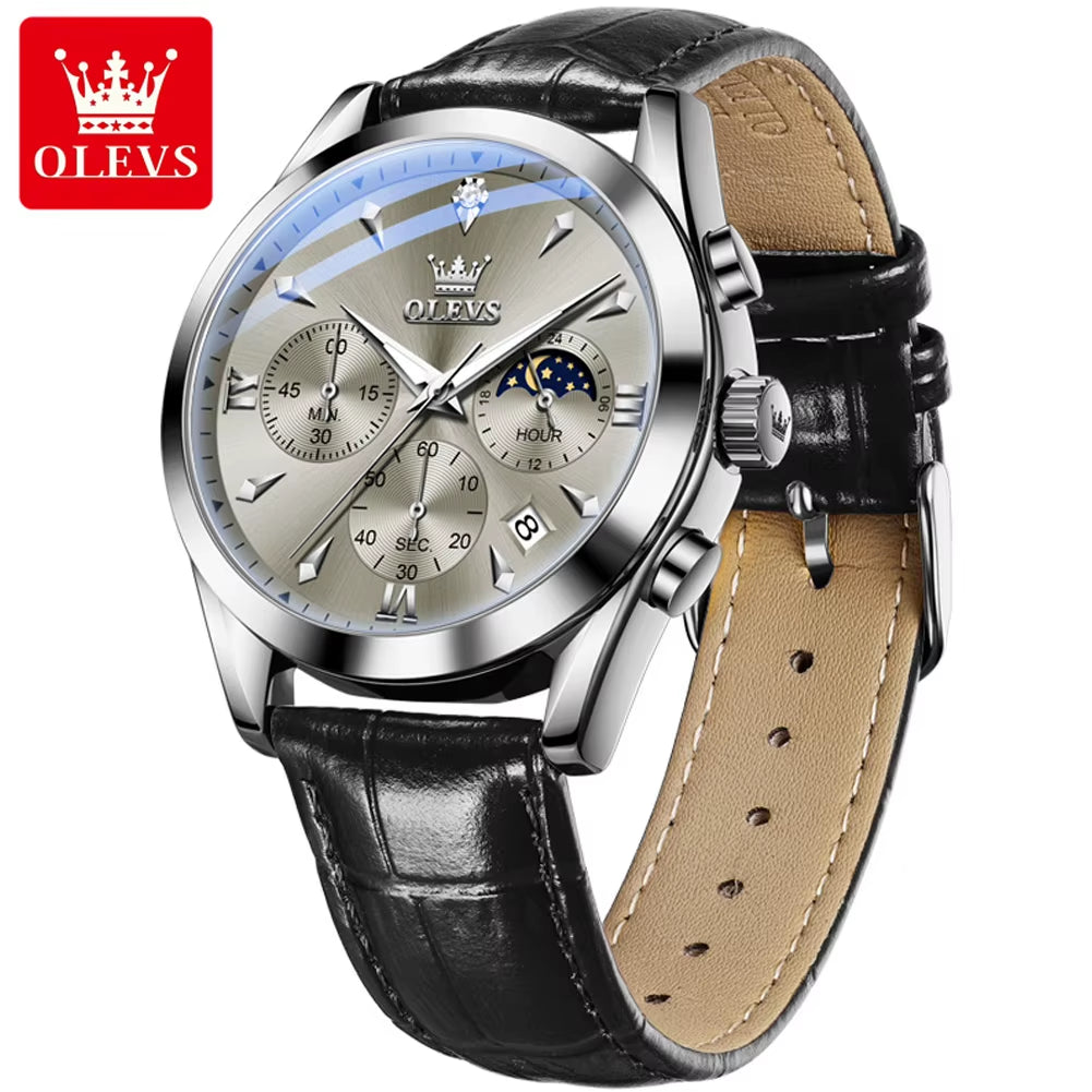 3609 Original Moon Phase Chronograph Man Watch Leather Strap Waterproof Luminous Luxury Brand Quartz Wrist Watches for Men