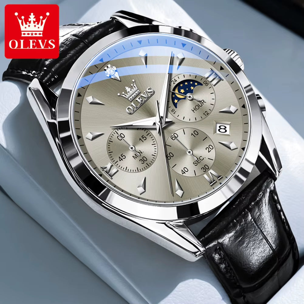 3609 Original Moon Phase Chronograph Man Watch Leather Strap Waterproof Luminous Luxury Brand Quartz Wrist Watches for Men