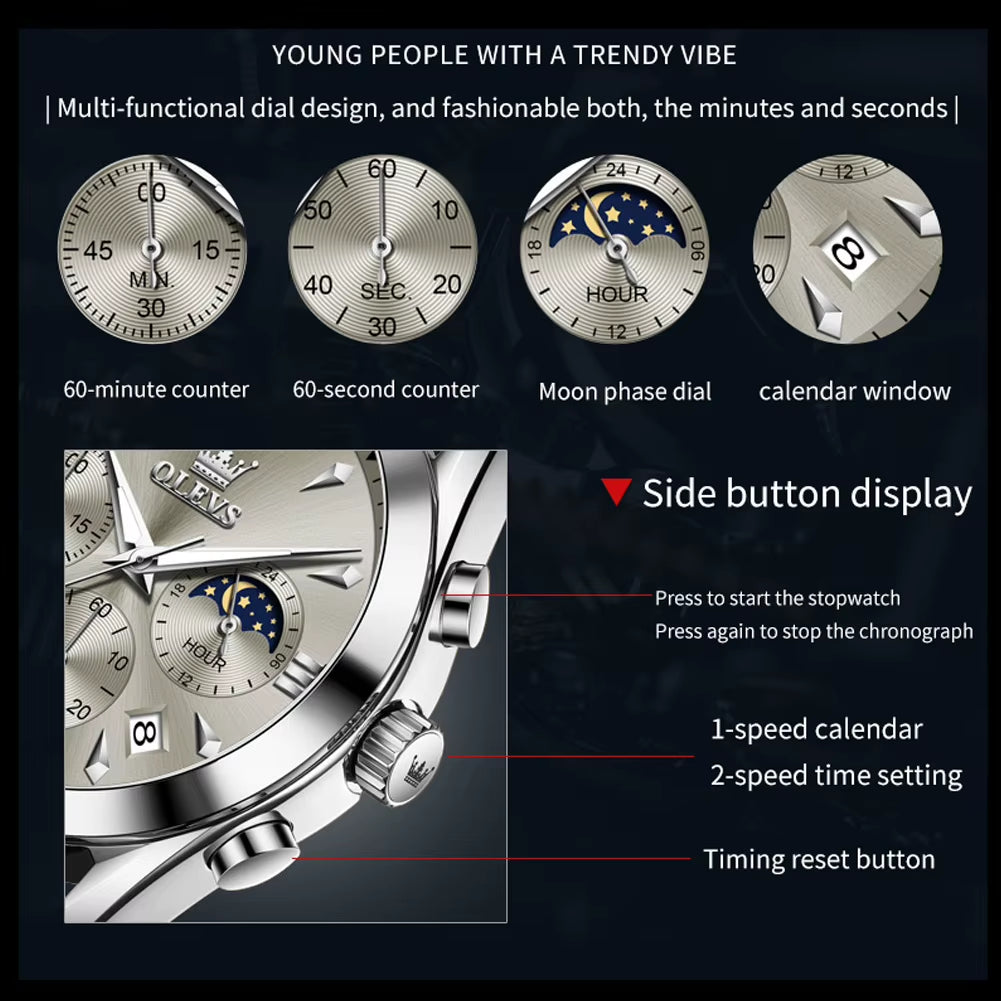 3609 Original Moon Phase Chronograph Man Watch Leather Strap Waterproof Luminous Luxury Brand Quartz Wrist Watches for Men