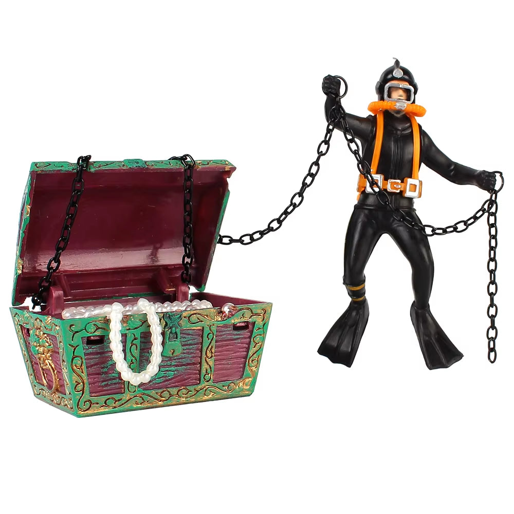 Aquarium Decoration Accessories Fish Tank Ornament Treasure Hunter Diver Action Figure Treasure Chest Fish Tank Decorations