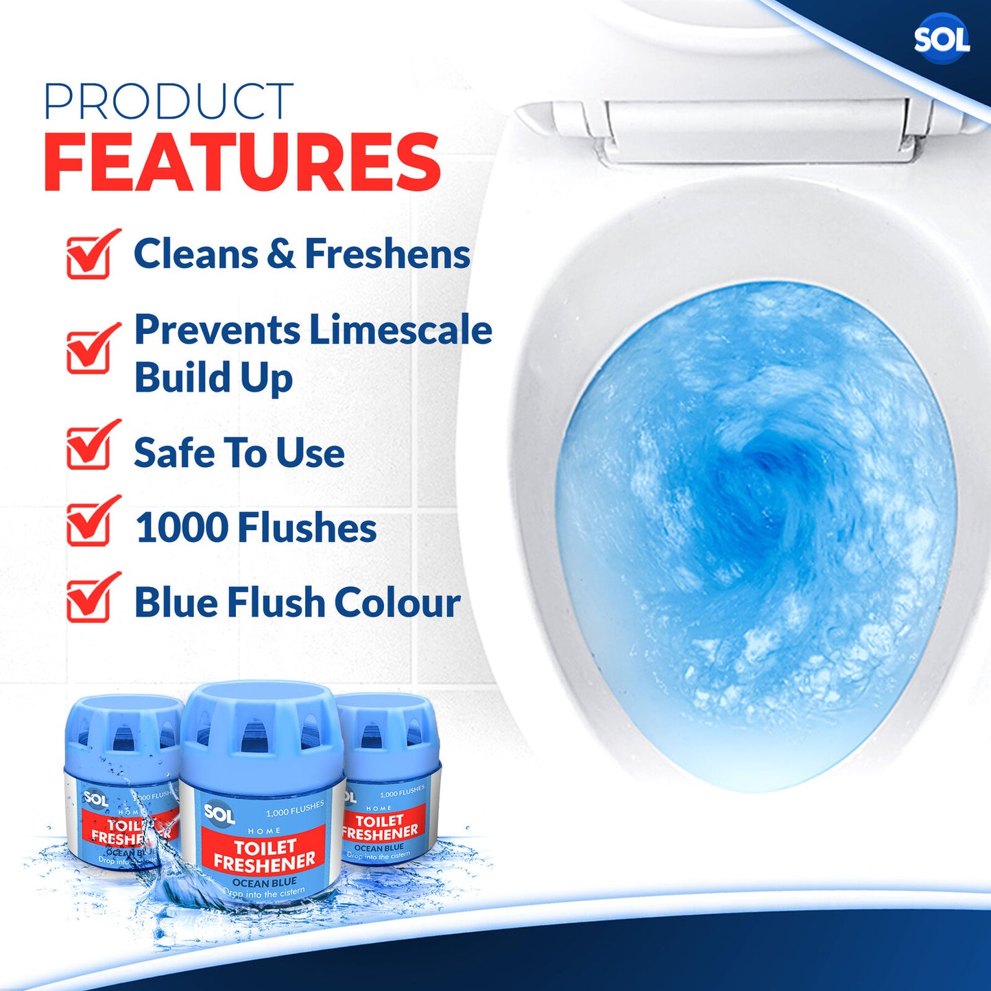 3 Toilet Bowl Freshener 1000 Flushes Ocean Blue Cistern Block Limescale Cleaner