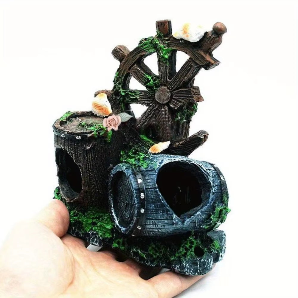 Steering Wheel Wine Barrel Resin Aquarium Ornament Decoration Plant for Fish Tank Accessories Home Pet Fish Tank Decor Supplies