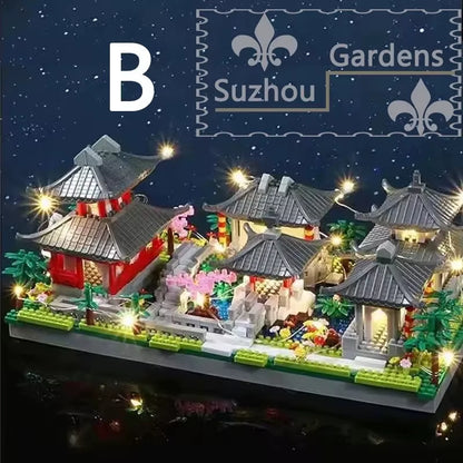 Suzhou Garden Blocks 1800+Pcs Classic Chinese Garden Mini Block Traditional Architecture House Assembled Bricks with LED Light