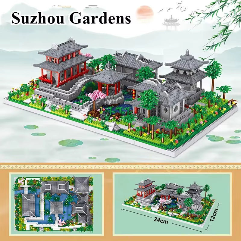 Suzhou Garden Blocks 1800+Pcs Classic Chinese Garden Mini Block Traditional Architecture House Assembled Bricks with LED Light