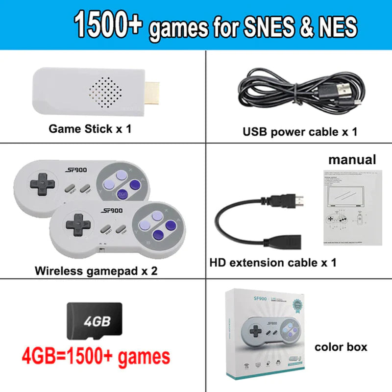 SF900 Retro Game Console HD Video Game Stick with 1500 Games for SNES Wireless Controller 16 Bit Consolas De Videojuegos for NES