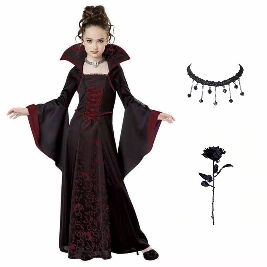 Halloween Costume for Kids Halloween Fantasy Vampire Costume Girls Long Tutu Dress Kids Carnival Outfit Gothic Feather Clothes