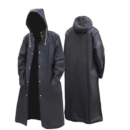 Black Fashion Adult Waterproof Long Raincoat Women'S Men'S Raincoat Hooded Outdoor Motorcycle, Cycling, Hiking, Fishing