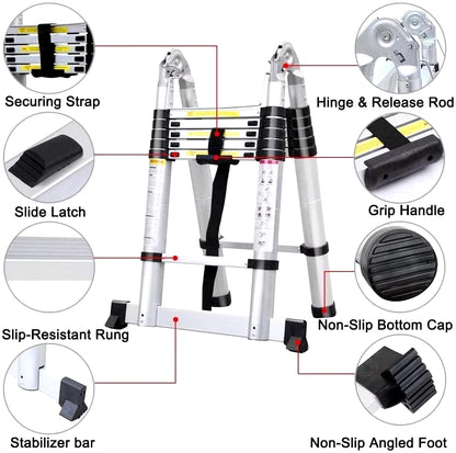 Ladder a Frame Telescopic Ladder 3.8M Aluminum Telescoping Extension Ladder Multi-Purpose with Stabilizer Bar for Home, EN131