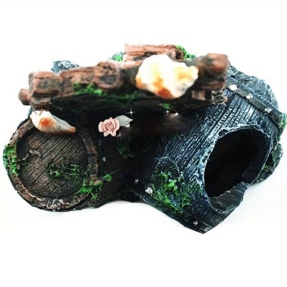 Steering Wheel Wine Barrel Resin Aquarium Ornament Decoration Plant for Fish Tank Accessories Home Pet Fish Tank Decor Supplies