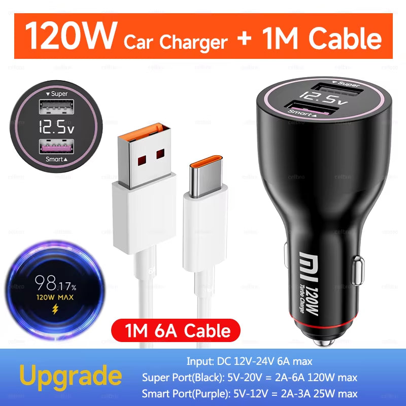 Mi Car Charger 120W 67W 6A Fast Charging Dual-Port USB a for  14 14 Ultra 13 13T 12 Pro Redmi Note A3 POCO Pad 6