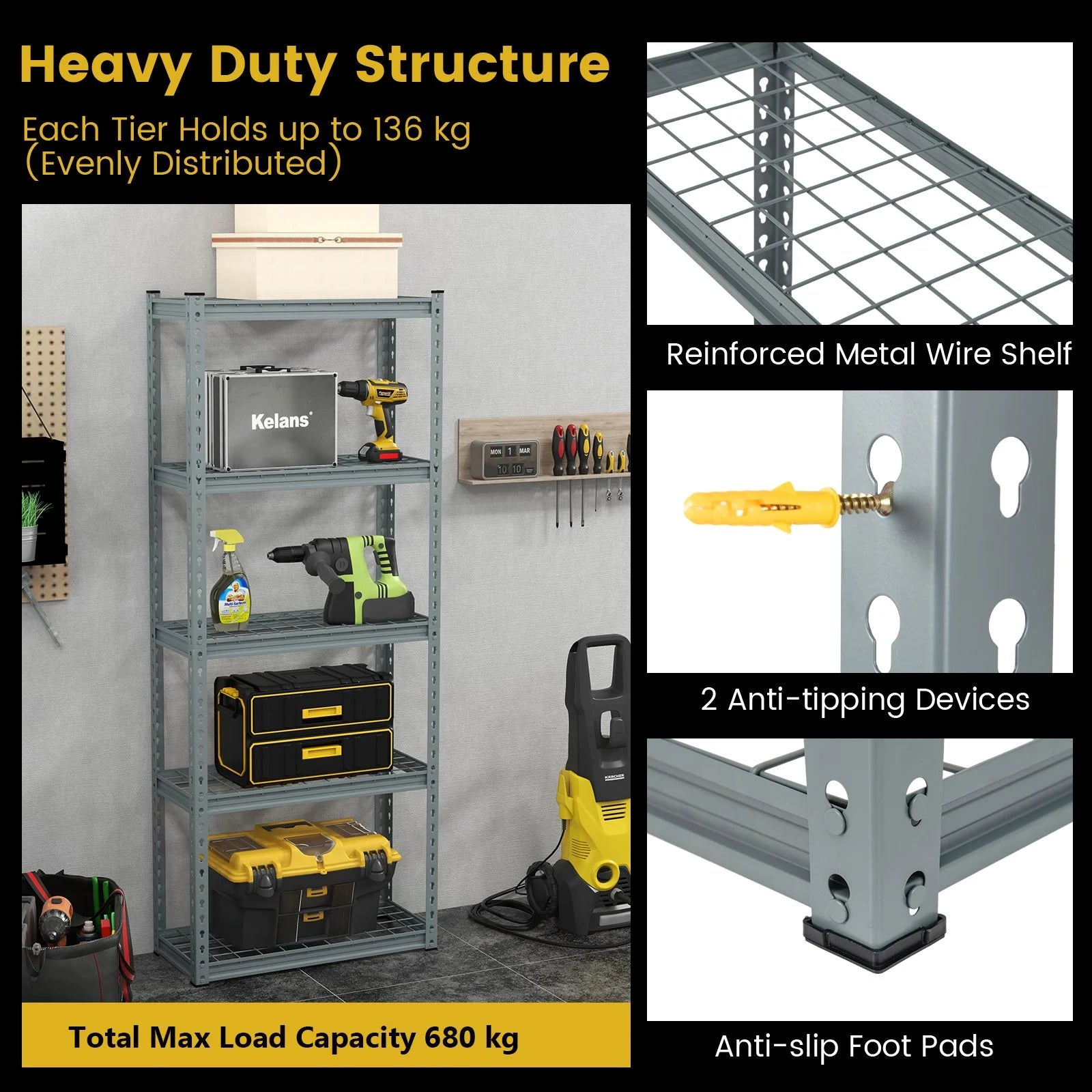 5-Tier Garage Metal Storage Shelves Shelving Unit