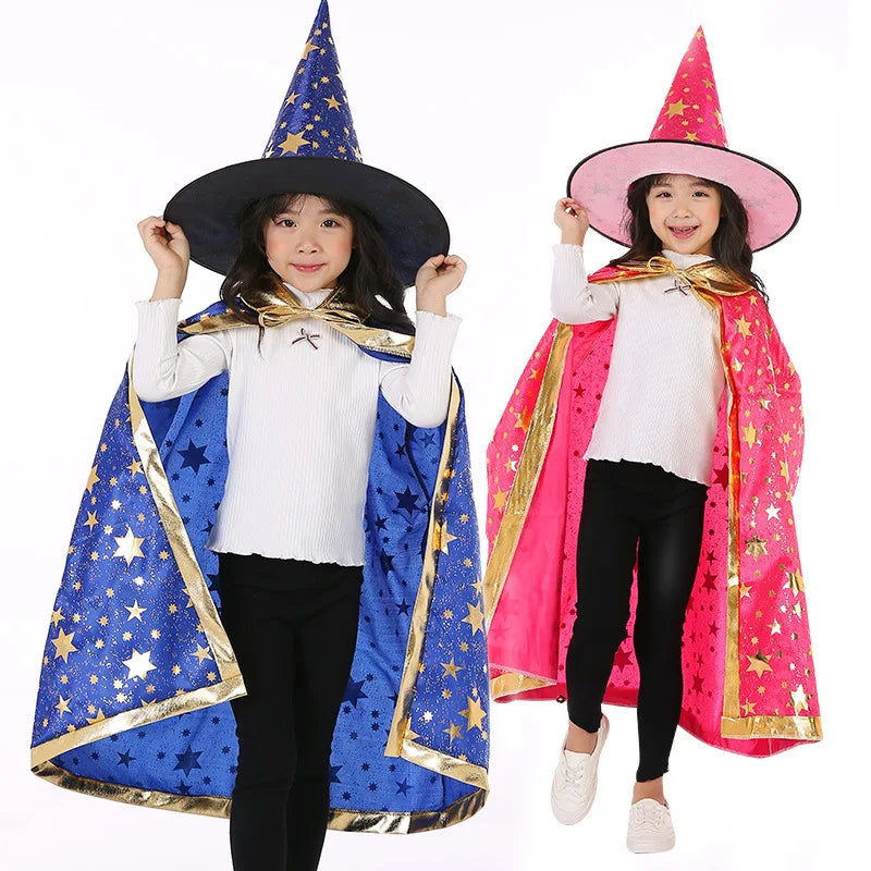 Halloween Costume Satin Cape with Hat for Kids Boys Wizard Girls Witch Cosplay Halloween Party Child Dress up Ghost Clothes 2021