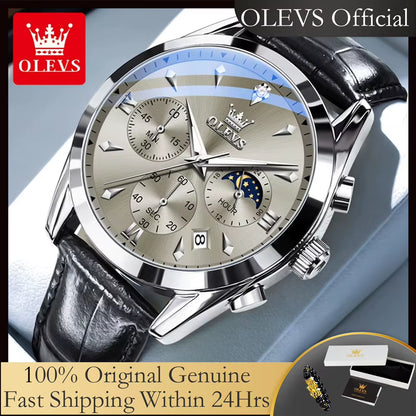 3609 Original Moon Phase Chronograph Man Watch Leather Strap Waterproof Luminous Luxury Brand Quartz Wrist Watches for Men