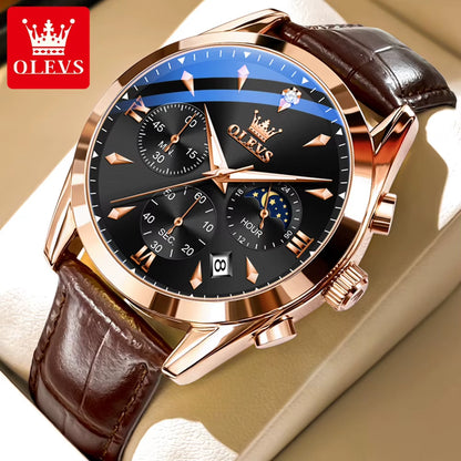 3609 Original Moon Phase Chronograph Man Watch Leather Strap Waterproof Luminous Luxury Brand Quartz Wrist Watches for Men