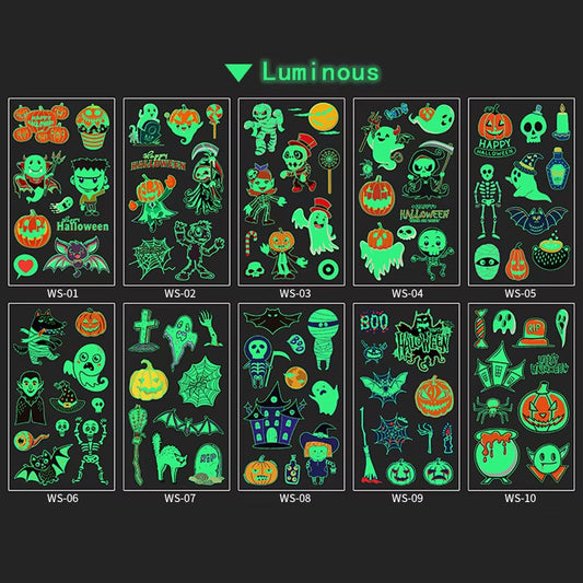 Halloween Luminous Temporary Tattoos Pumpkin Ghost Waterproof Glow Tattoo Sticker for Kids Favors Gifts Halloween Party Decor