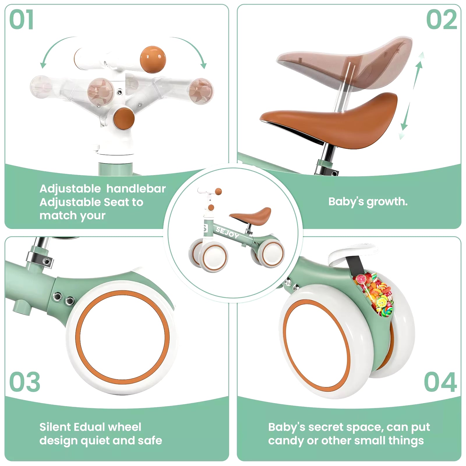SEJOY Baby Balance Bike 4 Wheels Toddler Walker Bicycle Toys Birthday Gifts for Girl Boy 3 Colors 1-3 Years Old Kids