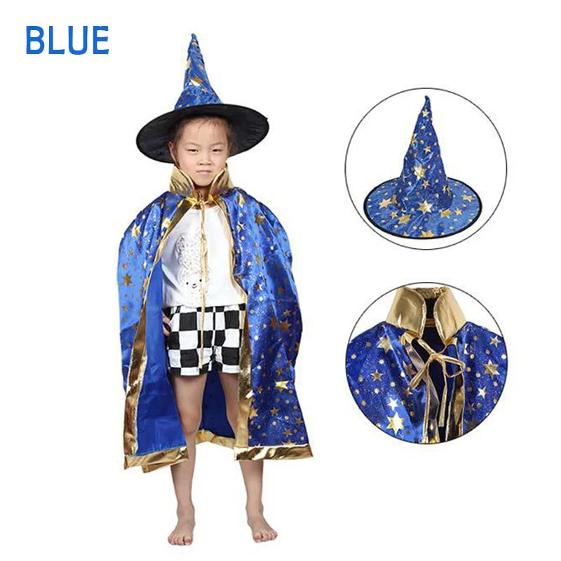 Halloween Costume Satin Cape with Hat for Kids Boys Wizard Girls Witch Cosplay Halloween Party Child Dress up Ghost Clothes 2021