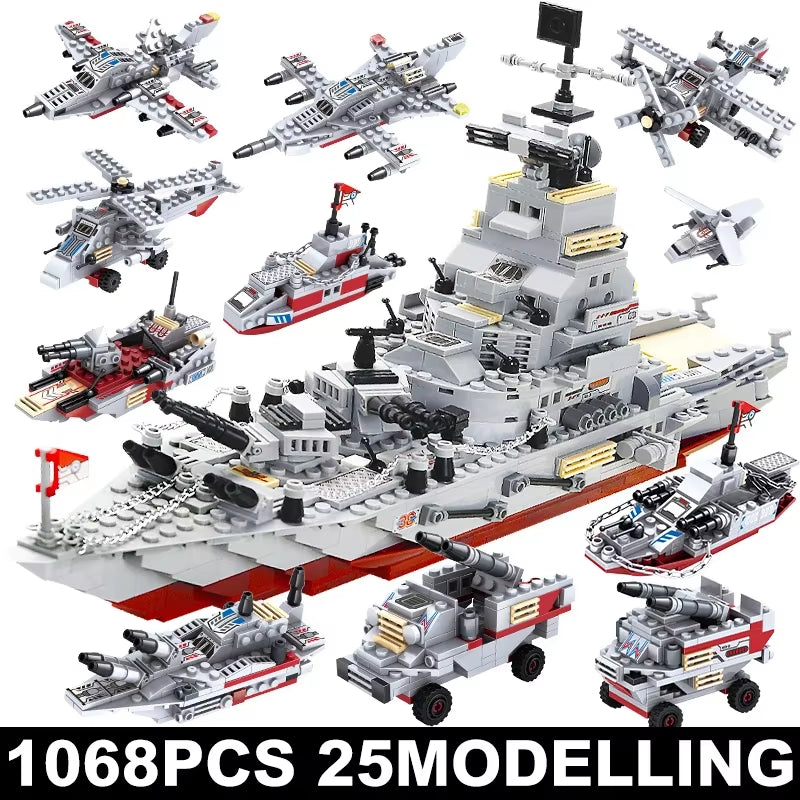 Navy War Chariot Ship Army Boat Plane Model Warships Building Blocks Compatible with Lego Construction Set for Boys Bricks Toys