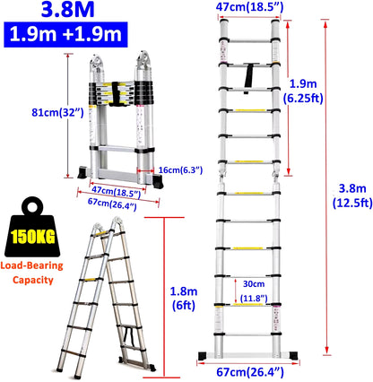 Ladder a Frame Telescopic Ladder 3.8M Aluminum Telescoping Extension Ladder Multi-Purpose with Stabilizer Bar for Home, EN131