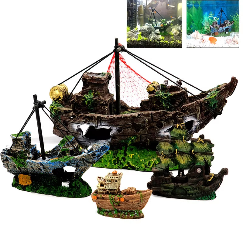 Aquarium Fish Tank Landscaping Shipwreck Pirate Ship Decoration Resin Boat Accessories Furniture Pet Fish Tank Decorations