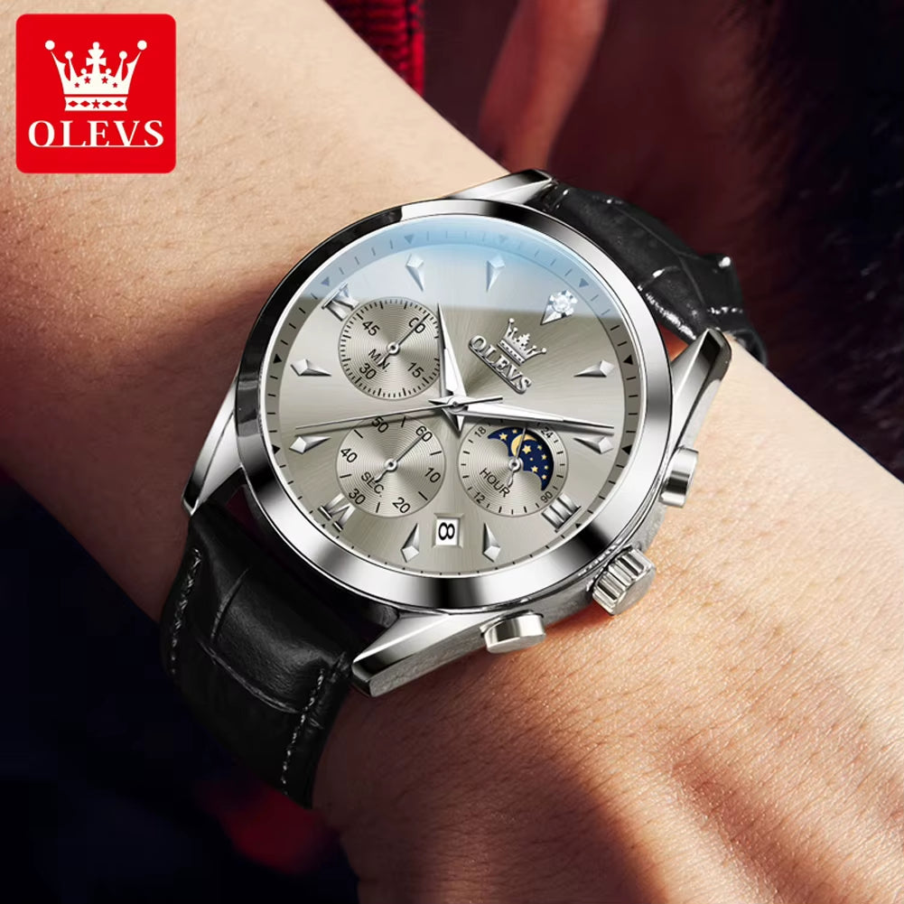 3609 Original Moon Phase Chronograph Man Watch Leather Strap Waterproof Luminous Luxury Brand Quartz Wrist Watches for Men