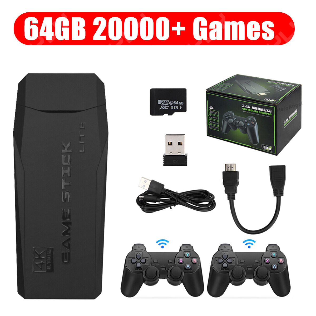 Wireless 4K HDMI TV Game Stick Console Built in 20000+ Games +2 Wireless Gamepad