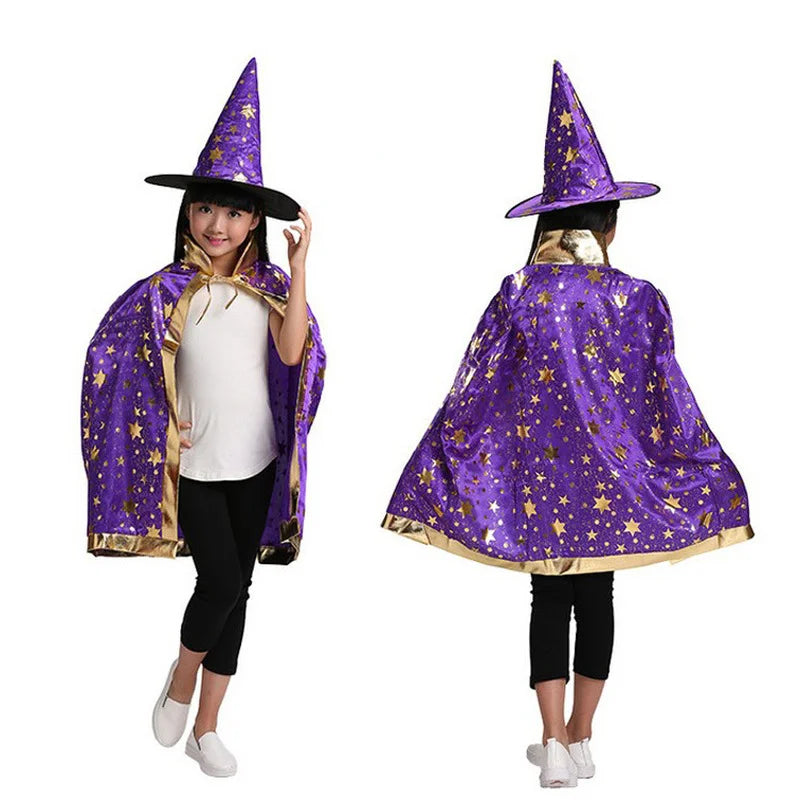 Halloween Costume Satin Cape with Hat for Kids Boys Wizard Girls Witch Cosplay Halloween Party Child Dress up Ghost Clothes 2021