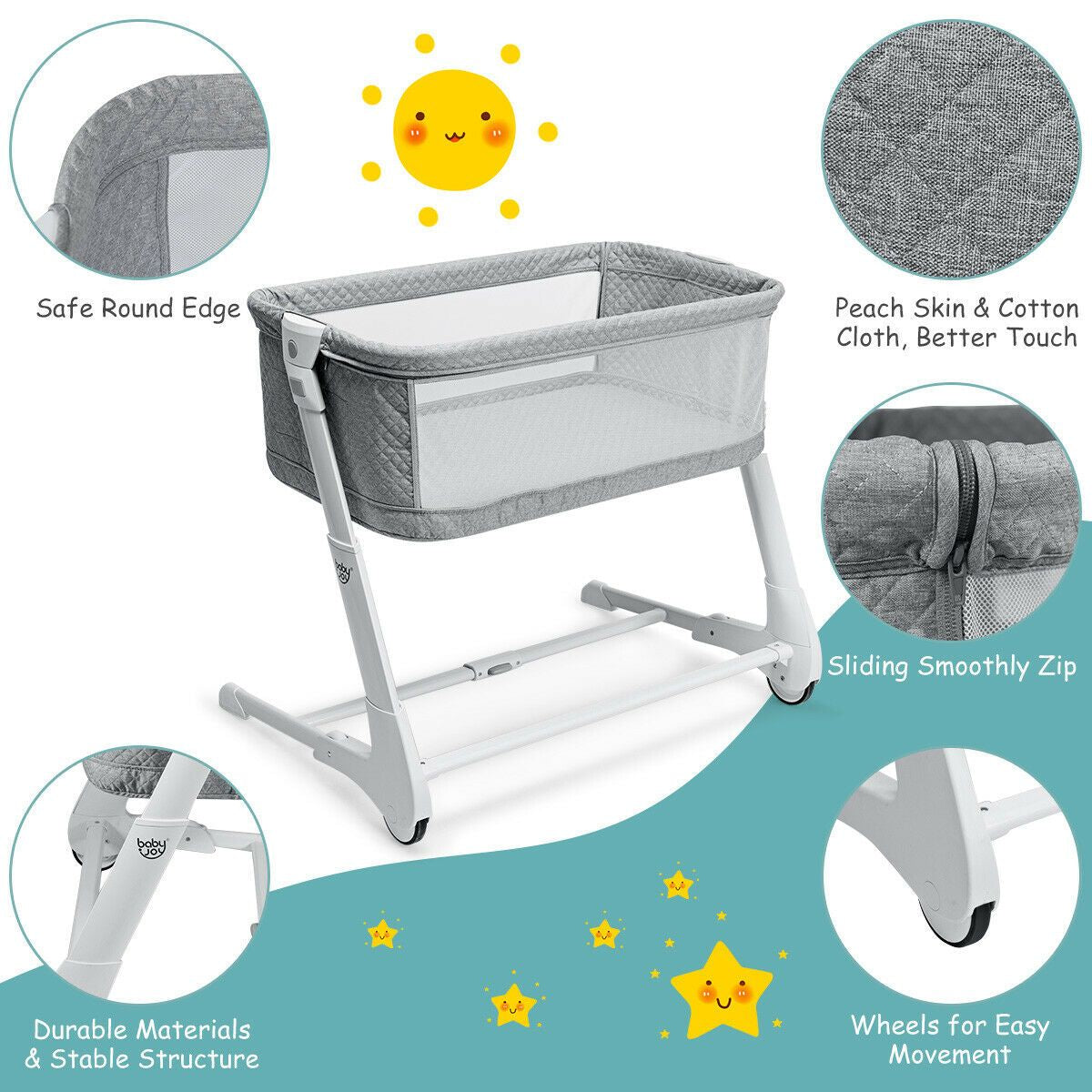 Baby Bedside Cot with Washable Mattress and Breathable Mesh