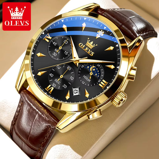 3609 Original Moon Phase Chronograph Man Watch Leather Strap Waterproof Luminous Luxury Brand Quartz Wrist Watches for Men