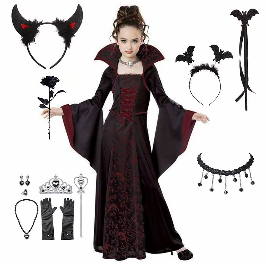 Halloween Costume for Kids Halloween Fantasy Vampire Costume Girls Long Tutu Dress Kids Carnival Outfit Gothic Feather Clothes