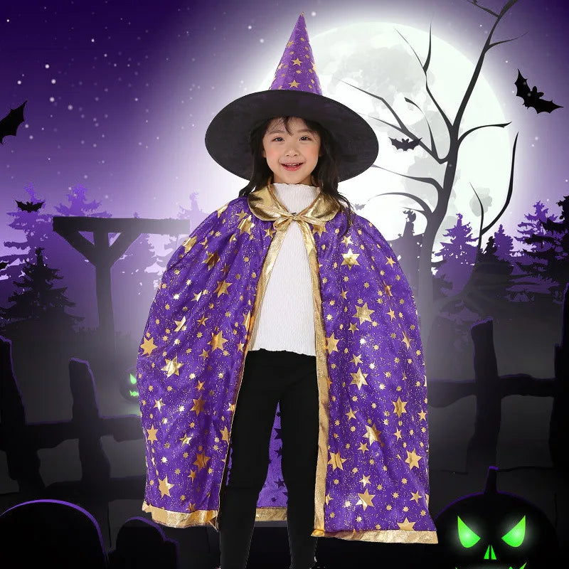 Halloween Costume Satin Cape with Hat for Kids Boys Wizard Girls Witch Cosplay Halloween Party Child Dress up Ghost Clothes 2021