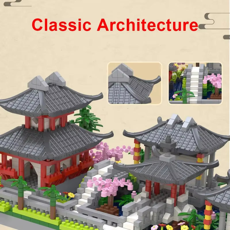 Suzhou Garden Blocks 1800+Pcs Classic Chinese Garden Mini Block Traditional Architecture House Assembled Bricks with LED Light