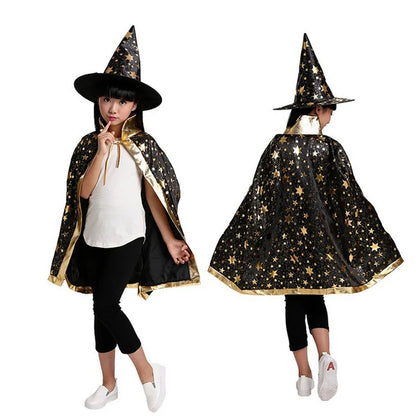 Halloween Costume Satin Cape with Hat for Kids Boys Wizard Girls Witch Cosplay Halloween Party Child Dress up Ghost Clothes 2021