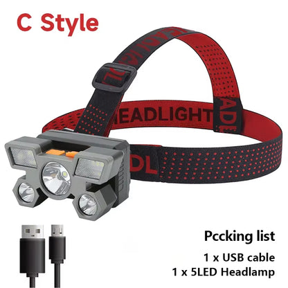 5 LED Flashlight Rechargeable with Built in Battery Strong Light Camping Adventure Fishing Head Light Headlamp