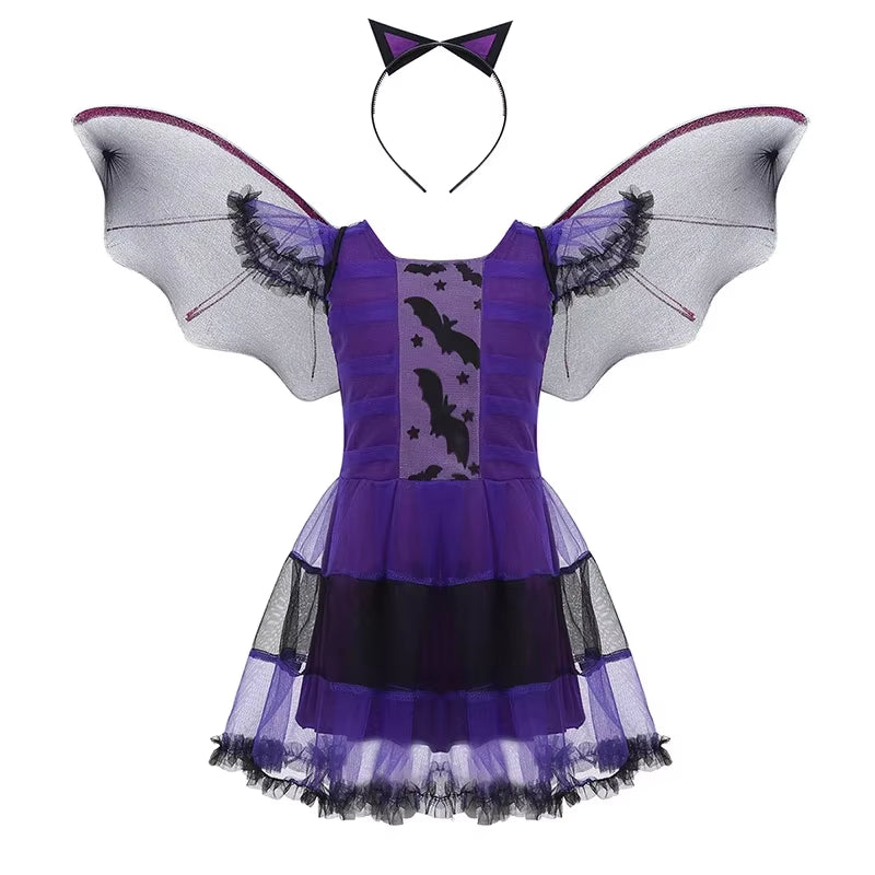 Halloween Costume for Kids Halloween Fantasy Vampire Costume Girls Long Tutu Dress Kids Carnival Outfit Gothic Feather Clothes