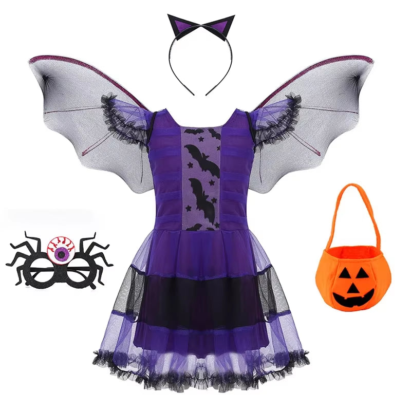 Halloween Costume for Kids Halloween Fantasy Vampire Costume Girls Long Tutu Dress Kids Carnival Outfit Gothic Feather Clothes