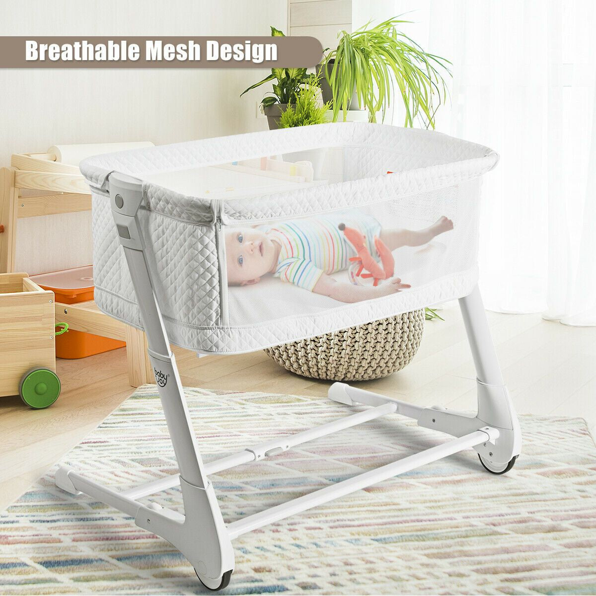 Baby Bedside Cot with Washable Mattress and Breathable Mesh